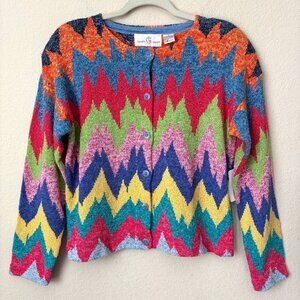 Vintage Jane's Closet Vibrant Chevron Print Boxy Button Front Quirky Cardigan